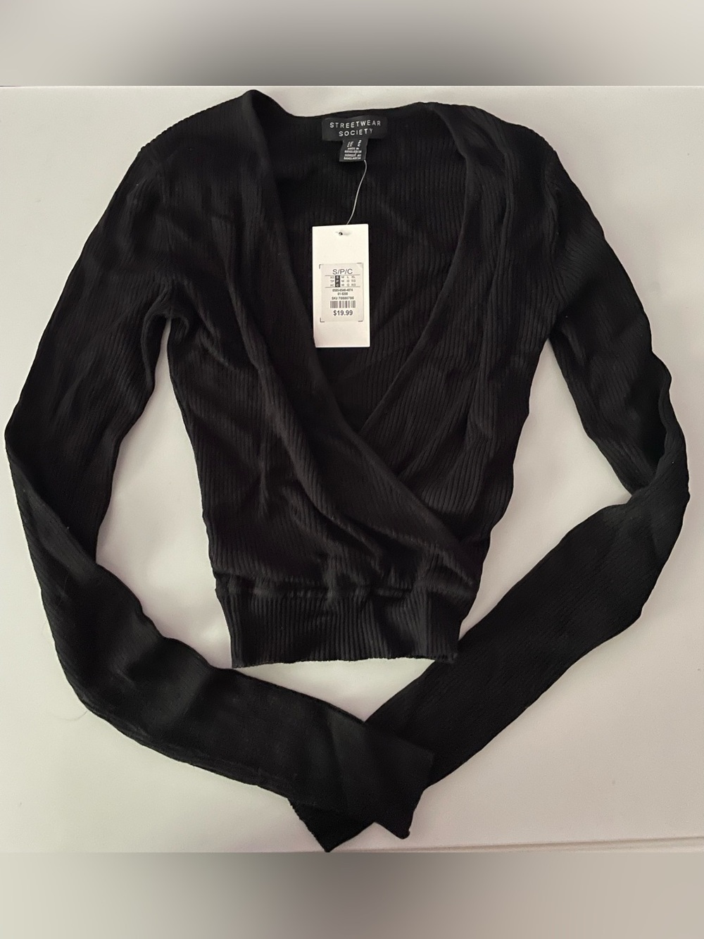 Streetwear Society Black Ribbed Wrap Long-Sleeve Top